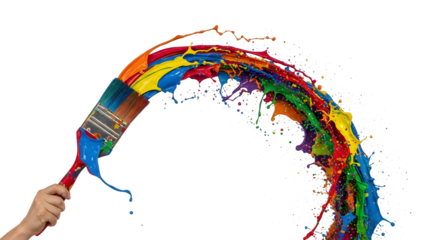 A paintbrush spraying a vibrant arc of colorful paints against a clean white background