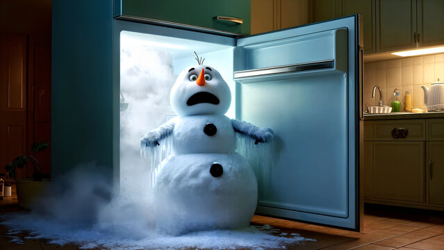 Surprised Snowman Emerging from Freezer in Kitchen