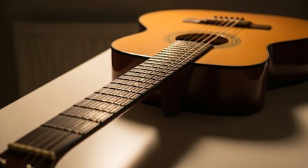 Fototapeta premium Acoustic Guitar Close-Up Detailed View of Strings and Body on a White Surface with Shadow