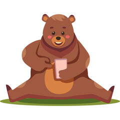 Cartoon Brown Bear Sitting Down Holding A Pink Phone With A Smiling Face And Rosy Cheeks On A Transparent Background
