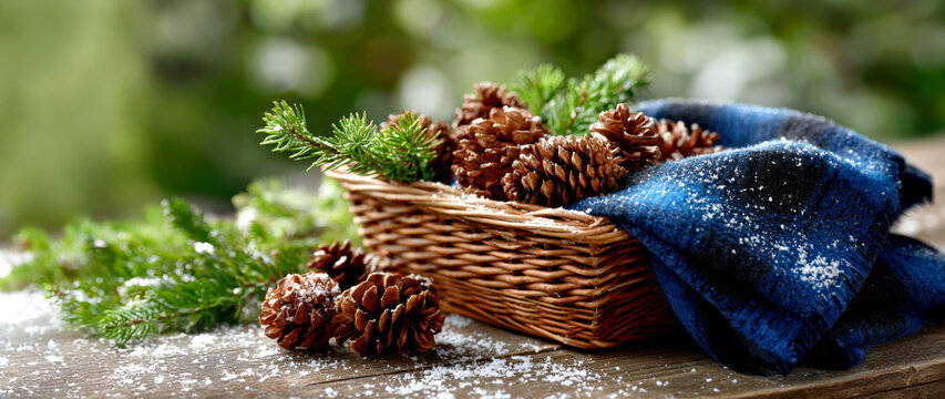Cozy Winter Basket with Pine Cones and Fir Branches on Snow-Dusted Wooden Table - Powered by Adobe