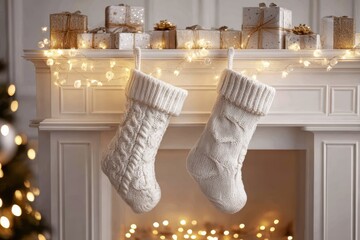 Cozy White Christmas Stockings Hanging on Fireplace with Festive Lights and Holiday Gifts