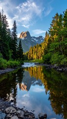 Mountain reflection in tranquil creek at dawn