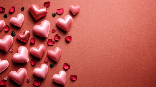 A red background with many pink hearts scattered around it - Powered by Adobe