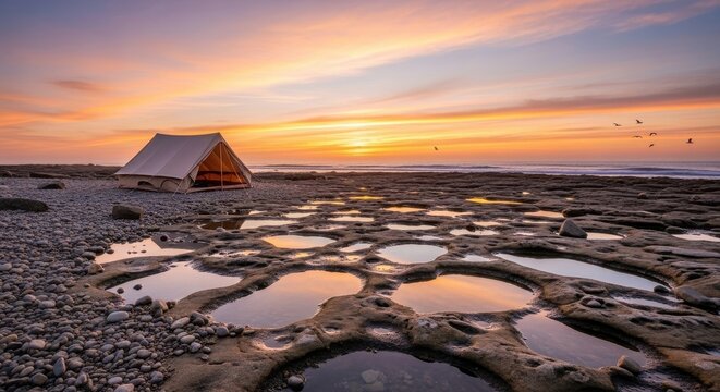 A tent on the beach reflecting the sunset sky over the water