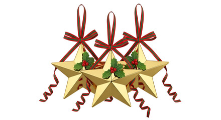 Three gold star Christmas ornaments with holly and ribbon