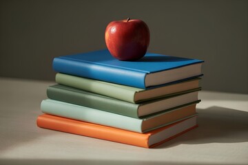 Red apple on a stack of books representing education and learning