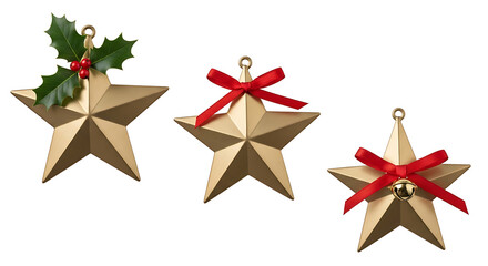Three golden star Christmas ornaments with red ribbons
