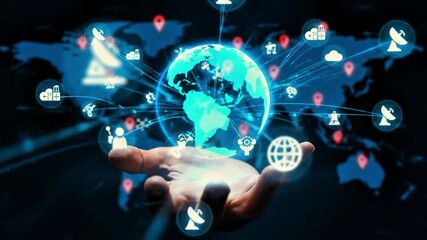 Global network connectivity held in hand digital connections hologram icons stock footage - Powered by Adobe