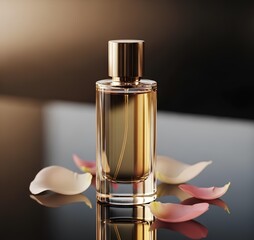 Elegant Perfume Bottle with Golden Light and Floral Petals &ndash; Luxury Beauty Wall Art