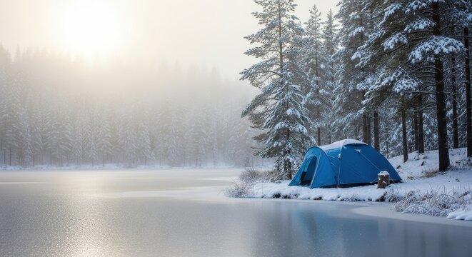 Blue tent alongside frozen lake in snowy winter landscape