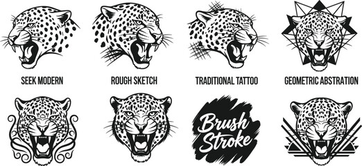 Leopard head roaring illustration in various modern art styles, tattoo, geometric, and sketch designs for creative branding, cad drawing flat vector illustration © Amol Chandra