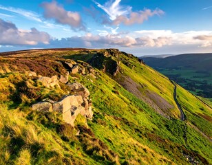 Mountain ridge, vibrant colours, rocky hillside, sunlit
