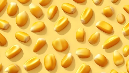 Bright yellow corn kernels scattered on a yellow background. Concept Corn Photography, Yellow Color Palette, Close-Up Texture, Macro Shot, Bright Colors