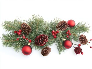 A festive Christmas arrangement featuring pine branches, cones, red berries, and shiny ornaments in gold and red tones on a white background.