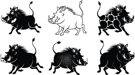 Collection of warthog cartoon silhouettes in dynamic poses, playful wild animal illustration, african wildlife artwork, funny character design, cad drawing flat vector illustration