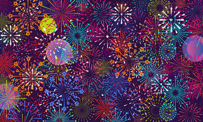 Colorful fireworks New Year background and text Happy New Year design in the night sky. Simple pattern design template. vector design.