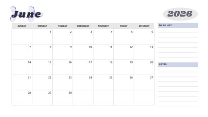 Minimalist Simple 2026 Monthly Calendar -  Minimalist Simple June 2026 Monthly Calendar