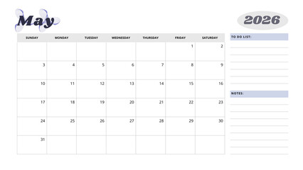 Minimalist Simple 2026 Monthly Calendar -  Minimalist Simple May 2026 Monthly Calendar