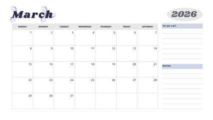 Minimalist Simple 2026 Monthly Calendar -  Minimalist Simple March 2026 Monthly Calendar