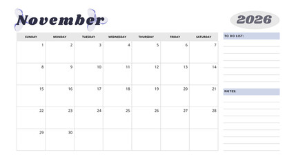 Minimalist Simple 2026 Monthly Calendar -  Minimalist Simple November 2026 Monthly Calendar