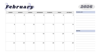 Minimalist Simple 2026 Monthly Calendar -  Minimalist Simple  February 2026 Monthly Calendar