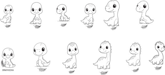 Cute dinosaurs and foliage cartoon illustration