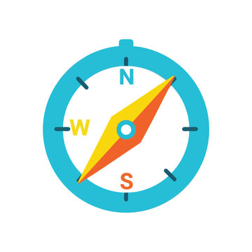 A bright, stylized compass with N, S, and W indicators.