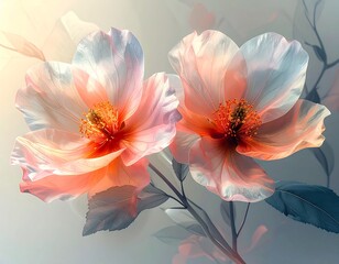 Two delicate, opalescent flowers in soft peach and white hues bloom against a muted, dreamy backdrop, capturing ethereal elegance