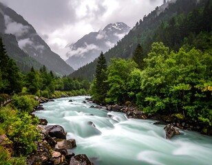 Mountain river flows through lush valley