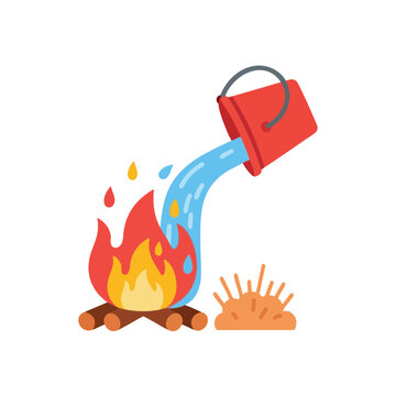 A bucket of water is being poured onto a campfire.