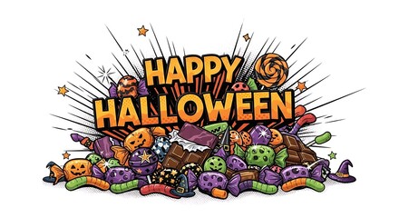 Fototapeta premium Happy halloween pile of candy and treats isolated on white
