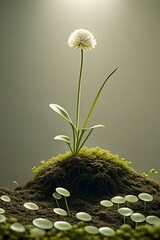 Delicate White Spherical Flower Emerging from Mossy Soil Mound with Tiny Green Fungi Under Soft Glowing Halo Light