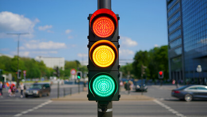 Traffic Light with Red and Yellow Lights Illuminated on City Street