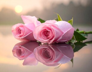 Two delicate pink roses rest on a reflective surface with water droplets, sunlit sky and soft background, creating a romantic scene