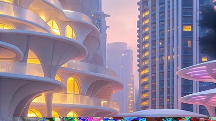 Futuristic Organic Architecture with Curved White Pods and Illuminated Balconies in Vibrant Sunset Urban Skyline