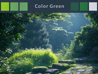 Lush Green Forest Landscape with Sunlit Stone Path and Vibrant Foliage Showcasing Diverse Shades of Green Color Palette