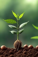 Young Green Seedling with Exposed Roots Emerging from Fertile Soil Surrounded by Hazelnuts in Soft Blurred Natural Background