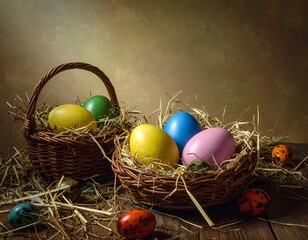 Two rustic baskets, overflowing with colorful dyed eggs on a bed of hay. Wooden surface, warm lighting, Easter theme