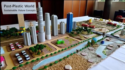 Miniature Model of Post-Plastic World Sustainable Future Concept with Eco-Friendly Urban Cityscape and Green Infrastructure