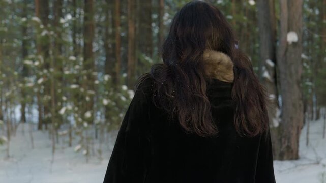 Woman in black coat and brown fur collar using smartphone on gimbal or selfie stick, filming video in snowy forest. Content creation, vlogging, back view.