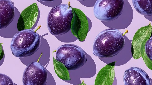 Purple plums with green leaves and water droplets on a lavender background. Concept Dewy purple plums still life, Macro fruit photography with lavender background, Purple plums with green leaves