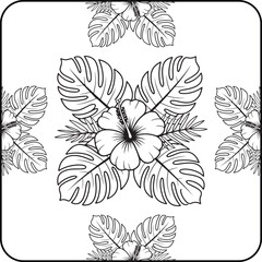 Hibiscus and Tropical Leaves Coloring Page | Exotic Flower Line Art Illustration | Printable Botanical Floral Design for Adult Coloring Book and Relaxation Art Therapy.