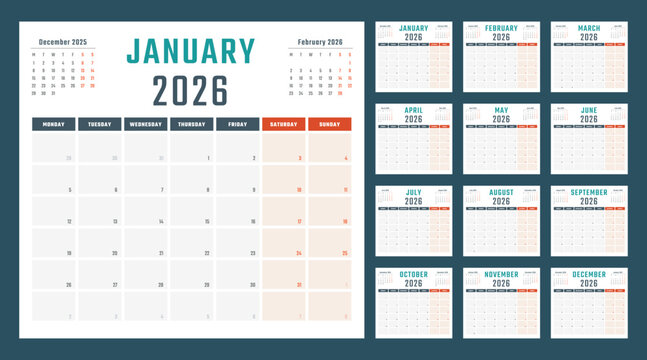2026 year calendar, calendar design for 2026 starts monday
