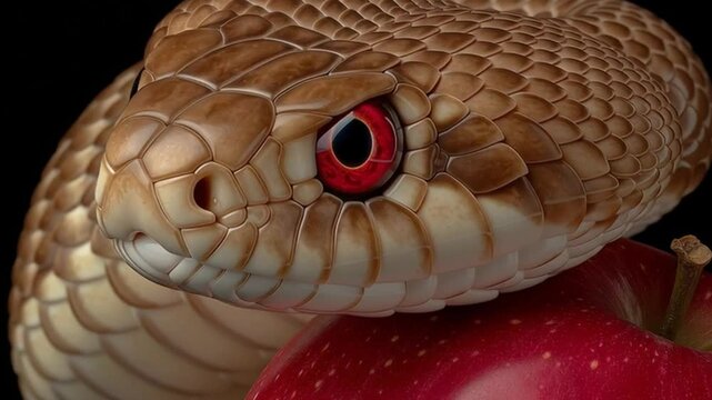 Realistic snake with red eyes and apple, ultra-detailed reptile and apple concept, snake and apple close-up for advertising and symbolism design.