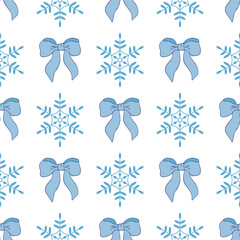 Christmas flirty pattern with blue ribbon bows and snowflakes. Vintage, winter background