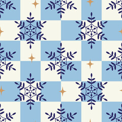 Seamless pattern with snowflakes on a checkerboard background, Christmas checkered background, modern flat design