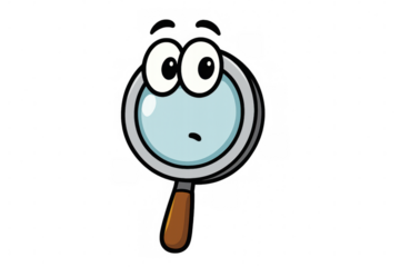Magnifying glass cartoon character with big eyes feeling surprised or confused, illustration on transparent background