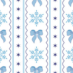 A coquette Christmas seamless pattern with ribbon bows, snowflakes, and vertical lines