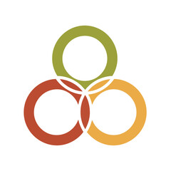 Three colored circles interconnected, forming an abstract symbol.